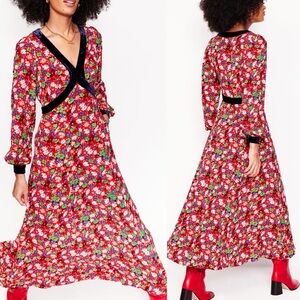 Boden  Velvet Trim Maxi Tea Dress Bright Ruby Floral Burst 10R